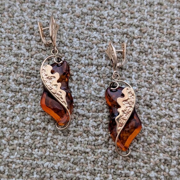 Russian Russia 14K 585 Rose Pink Gold Baltic Honey Amber Dangle Drop Earrings - Picture 3 of 9